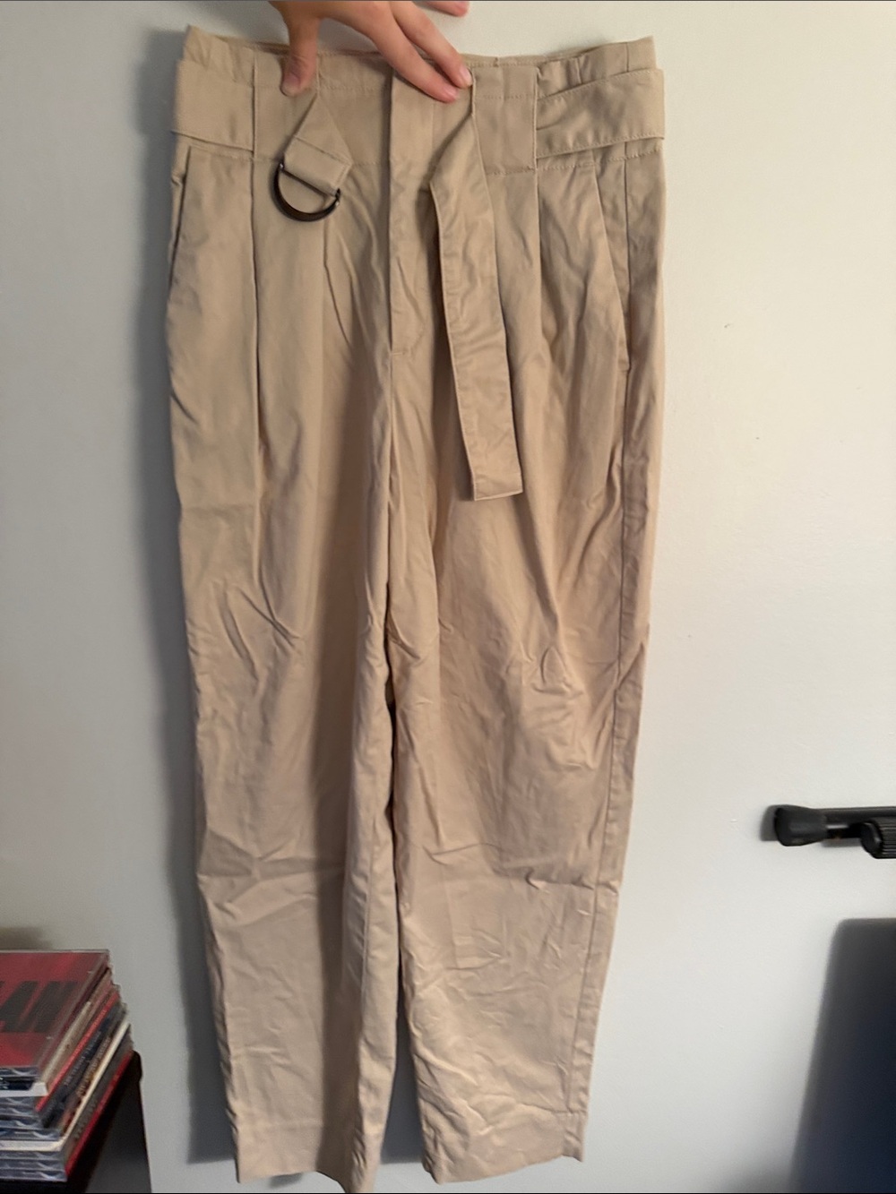 Beige High-Waist Pleated women’s Pants with Belt